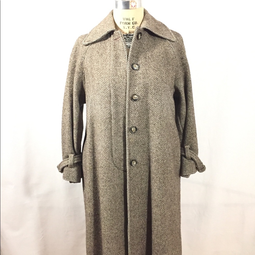 Women Vintage Wool Coat Herringbone Tweed Size 10